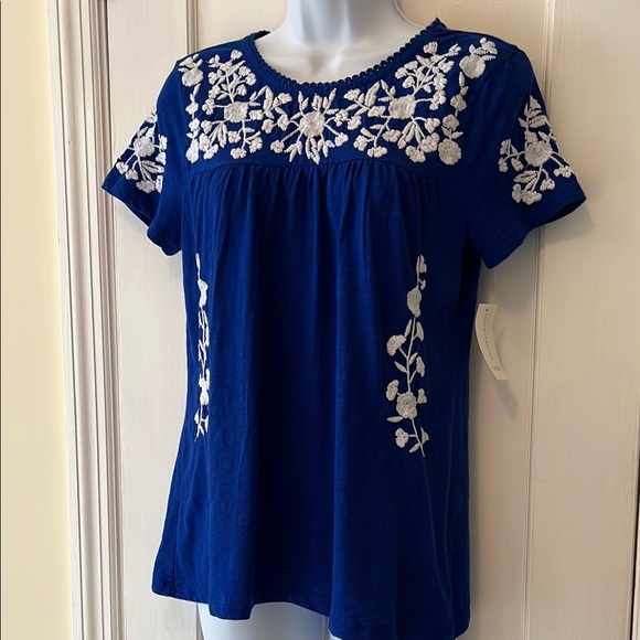 NWT Cotton Embroidered Peasant Short Sleeve Blouse Small Blue White - Picture 1 of 17